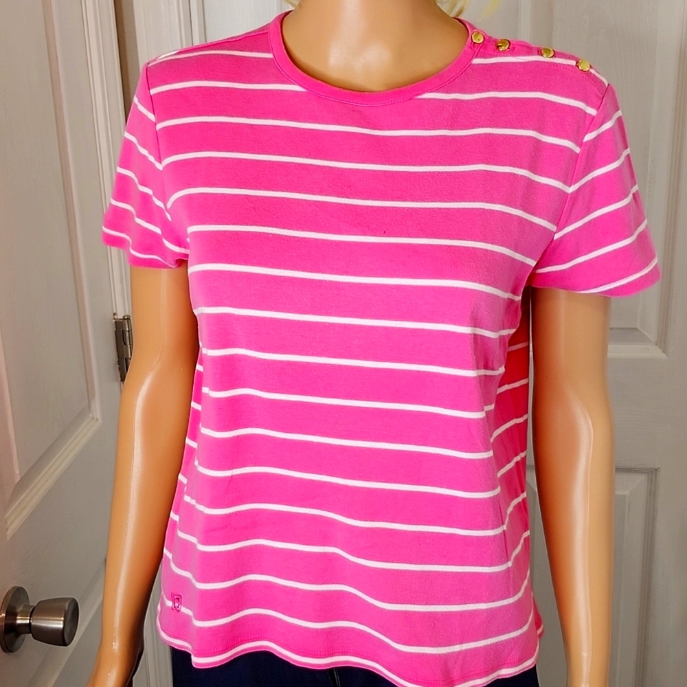 CHAPS Pink and White Striped Short-Sleeve T-Shirt with Gold Button Accents